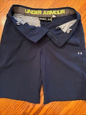 Under Armour Boys Navy Golf Shorts with Lime adjustable Waistband